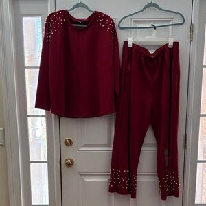 Elegant Burgundy Pantsuit with Pearl Accents